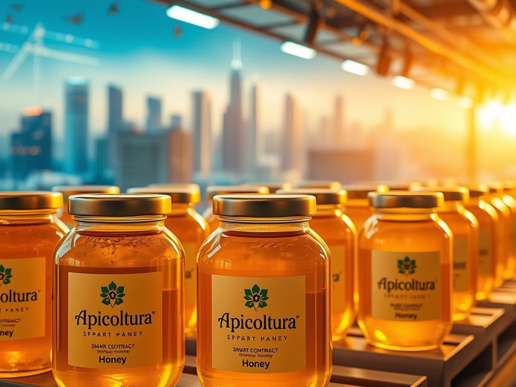 A vibrant, technologically-advanced apiary showcasing the digital revolution in beekeeping. The foreground features a captivating display of "Apicoltura" branded jars, each containing pure, golden honey. In the middle ground, a smart contract-enabled ledger system tracks the entire honey supply chain, from hive to consumer. The background depicts a futuristic cityscape, symbolizing the integration of blockchain technology into traditional agricultural practices. Soft, warm lighting illuminates the scene, creating a sense of innovation and progress. Detailed, high-resolution imagery captures the precision and transparency of the modern honey industry.
