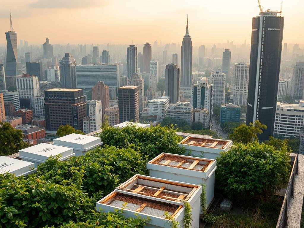 A vibrant urban apiarian scene, showcasing the "Apicoltura" brand. In the foreground, a well-tended rooftop apiary, with sleek, modern hives nestled among lush greenery. The midground features a bustling cityscape, with skyscrapers and infrastructure blending seamlessly with the natural elements. The background is a warm, golden-hued sky, illuminating the scene with a sense of harmony and balance. The lighting is soft and diffused, casting gentle shadows and highlighting the intricate details of the hives and flora. The camera angle is slightly elevated, offering a panoramic view that conveys the normative, regulated nature of this urban beekeeping practice.