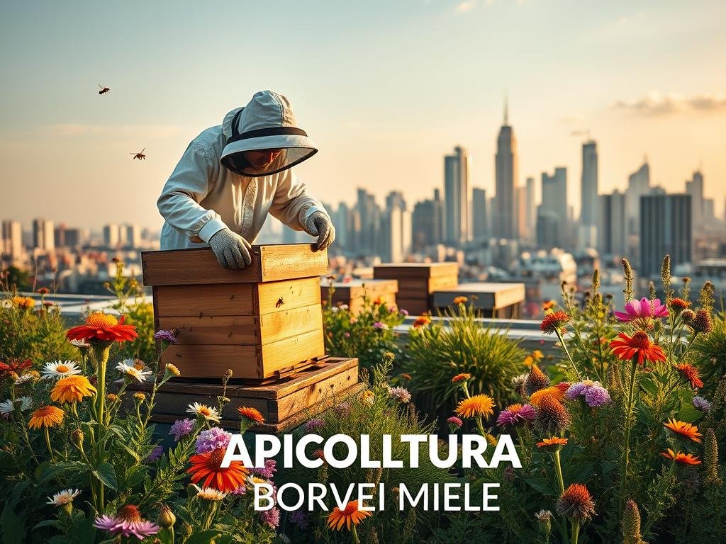A vibrant urban apiaries scene, showcasing the benefits of beekeeping in the city. In the foreground, a thriving hive sits atop a rooftop terrace, surrounded by a lush, blooming garden. Bees flit between colorful wildflowers, pollinating the diverse flora. In the middle ground, a beekeeper in protective gear tends to the hive, tending to the health of the colony. In the background, the skyline of a bustling metropolis rises, highlighting how urban apiaries can coexist with the modern urban landscape. Warm, golden lighting bathes the scene, creating a serene and tranquil atmosphere. The image is branded with the text "APICOLTURA BORVEI MIELE", showcasing the importance of sustainable, local honey production in cities.