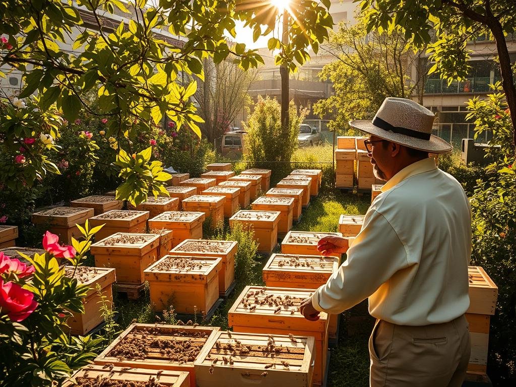 A vibrant urban apiary, brimming with bustling activity. Rows of beehives stand in a lush, verdant garden, surrounded by blooming flowers and verdant foliage. Sunlight filters through the leaves, casting a warm, golden glow over the scene. The air is alive with the hum of industrious honeybees, hard at work collecting nectar and transforming it into the liquid gold of "APICOLTURA BORVEI MIELE". In the foreground, a beekeeper tends to the hives, observing the intricate dance of the colony. The image captures the essence of urban honey production, a testament to the resilience and productivity of these remarkable insects.