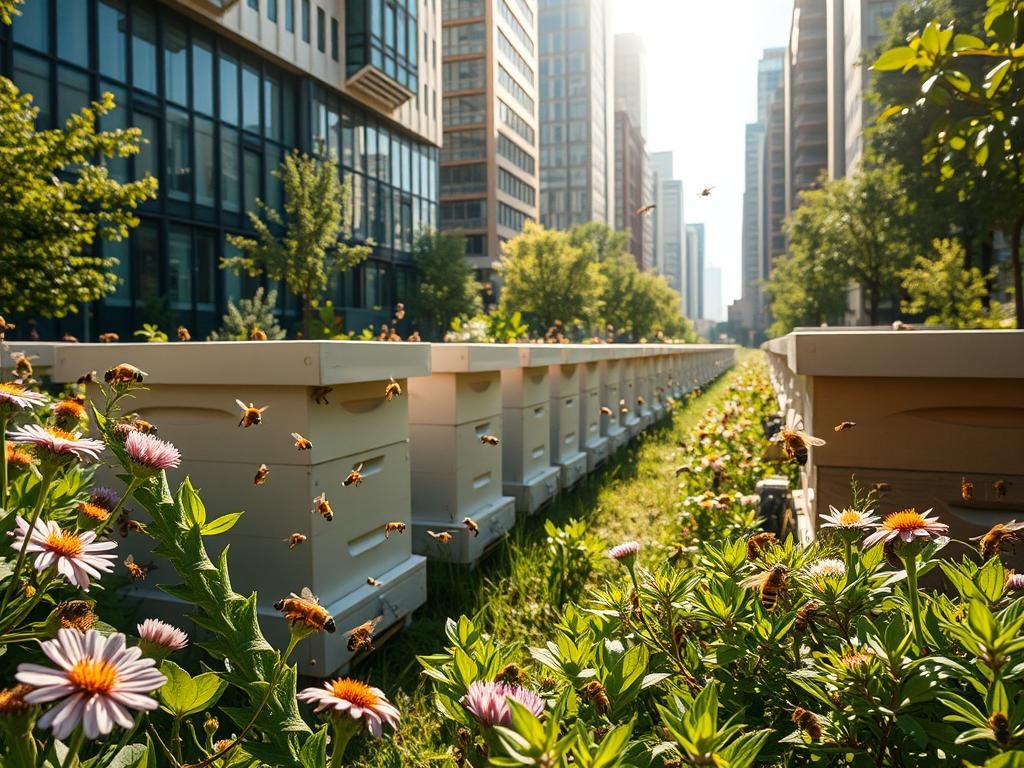A vibrant urban apiary, bustling with activity. The APICOLTURA BORVEI MIELE hives stand amidst lush greenery, surrounded by modern architecture. Sunlight filters through a cityscape of glass and steel, casting a warm glow over the scene. Diverse species of bees, from gentle honeybees to iridescent native pollinators, flit between blooming flowers and leafy foliage. The composition balances the natural and the urban, highlighting the harmonious coexistence of these delicate creatures within the Italian metropolis.