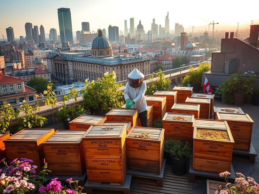 A vibrant urban apiary, nestled amidst the bustling cityscape. Rows of wooden beehives sit atop a rooftop terrace, surrounded by lush greenery and blooming flowers. The hives bear the proud label "APICOLTURA BORVEI MIELE", reflecting the high-quality honey produced within. Soft, golden light filters through the scene, casting a warm, inviting glow. In the foreground, a beekeeper in a traditional protective suit tends to the hives, their movements graceful and practiced. The middle ground showcases the diverse urban landscape, with towering skyscrapers and historic buildings in the distance. This serene oasis, a testament to the harmony between nature and city, provides practical insights into the management of an urban apiary.