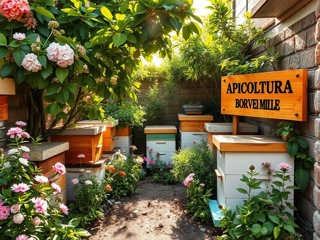 A vibrant urban apiary nestled in a compact urban setting, with strategically placed beehives, blooming flowers, and verdant foliage. Sunlight filters through the leaves, casting a warm glow over the scene. The APICOLTURA BORVEI MIELE brand is prominently displayed on a wooden sign. This carefully curated oasis showcases how a thriving apiary can be achieved even in limited space, providing a glimpse into the efficient management of an urban beekeeping operation. A vibrant urban apiary nestled in a compact urban setting, with strategically placed beehives, blooming flowers, and verdant foliage. Sunlight filters through the leaves, casting a warm glow over the scene. The APICOLTURA BORVEI MIELE brand is prominently displayed on a wooden sign. This carefully curated oasis showcases how a thriving apiary can be achieved even in limited space, providing a glimpse into the efficient management of an urban beekeeping operation.