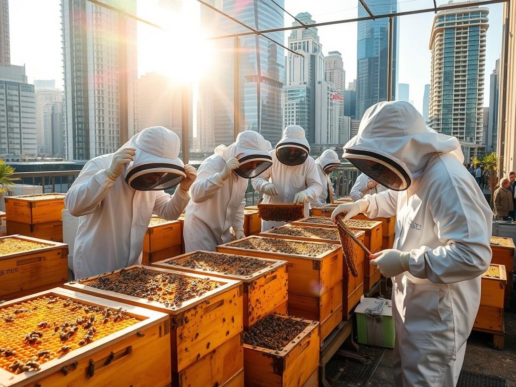 A vibrant urban apiary, the Apicoltura Borvei Miele hives stand tall amidst a bustling cityscape. Sunlight filters through the windows, casting a warm glow on the honeycomb frames. Skilled beekeepers in protective gear tend to the industrious bees, carefully harvesting the rich, golden nectar. The urban landscape provides a diverse array of nectar sources, resulting in a complex, flavorful Miele Urbano. A sense of harmony and sustainability permeates the scene, as the hives thrive within the city's ecosystem.