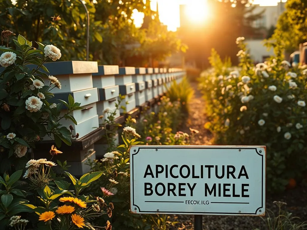A vibrant urban apiary, with rows of modern beehives nestled amidst verdant foliage. The sun casts a warm glow, illuminating the pollinators as they flit between blooming flowers. In the foreground, a sign proudly displays the brand name "APICOLTURA BORVEI MIELE", reflecting the thriving urban beekeeping movement. The scene evokes a sense of harmony between nature and the city, showcasing the potential for sustainable honey production in urban environments.