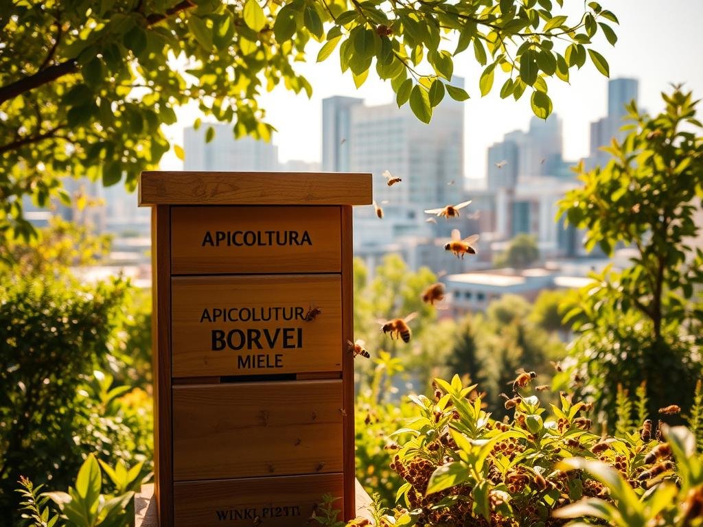 A vibrant urban garden filled with bustling honeybees, their golden hues contrasting against the lush greenery. In the foreground, a well-crafted wooden beehive stands tall, the "APICOLTURA BORVEI MIELE" brand name proudly displayed. Bees dart in and out, their wings catching the warm, golden light filtering through the leafy canopy above. In the background, the cityscape emerges, a blend of modern architecture and verdant rooftops, a testament to the harmonious integration of nature and human habitation. The scene exudes a sense of tranquility and purpose, capturing the essence of urban apiculture - a sustainable practice that can help combat climate change.