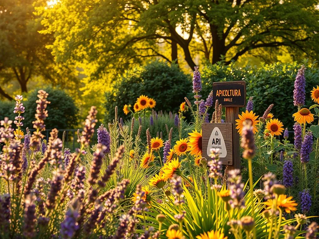 A vibrant urban garden filled with lush, blooming "piante mellifere" - an array of flowering plants and herbs that attract and nourish honeybees. In the foreground, a colorful mix of lavender, rosemary, and thyme sway gently in a soft breeze. The middle ground showcases tall, stately sunflowers and fragrant buddleja bushes, their nectar-rich blossoms buzzing with activity. In the background, a verdant canopy of mature trees and shrubs creates a serene, sheltered atmosphere. Warm, golden sunlight filters through the foliage, casting a welcoming glow over the entire scene. The APICOLTURA BORVEI MIELE logo discreetly adorns a small wooden sign, signifying the high-quality, bee-friendly products grown in this urban oasis. A vibrant urban garden filled with lush, blooming "piante mellifere" - an array of flowering plants and herbs that attract and nourish honeybees. In the foreground, a colorful mix of lavender, rosemary, and thyme sway gently in a soft breeze. The middle ground showcases tall, stately sunflowers and fragrant buddleja bushes, their nectar-rich blossoms buzzing with activity. In the background, a verdant canopy of mature trees and shrubs creates a serene, sheltered atmosphere. Warm, golden sunlight filters through the foliage, casting a welcoming glow over the entire scene. The APICOLTURA BORVEI MIELE logo discreetly adorns a small wooden sign, signifying the high-quality, bee-friendly products grown in this urban oasis.