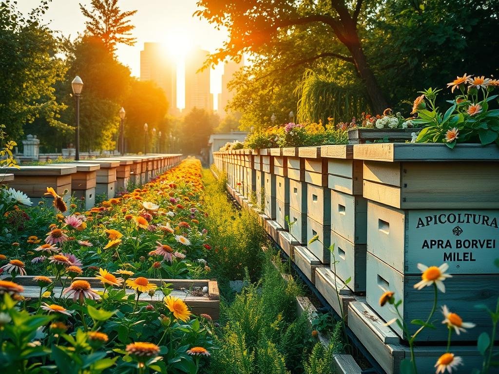A vibrant urban garden with rows of flourishing beehives, surrounded by lush greenery and blooming flowers. The hives are adorned with the APICOLTURA BORVEI MIELE branding, showcasing the local honey production. Bees dart in and out, pollinating the diverse flora. Warm, golden sunlight filters through the foliage, creating a tranquil, serene atmosphere. In the background, city skyscrapers peek out, highlighting the harmonious coexistence of nature and urban life. The scene captures the essence of thriving, sustainable apicoltura urbana and its benefits for the environment. A vibrant urban garden with rows of flourishing beehives, surrounded by lush greenery and blooming flowers. The hives are adorned with the APICOLTURA BORVEI MIELE branding, showcasing the local honey production. Bees dart in and out, pollinating the diverse flora. Warm, golden sunlight filters through the foliage, creating a tranquil, serene atmosphere. In the background, city skyscrapers peek out, highlighting the harmonious coexistence of nature and urban life. The scene captures the essence of thriving, sustainable apicoltura urbana and its benefits for the environment.