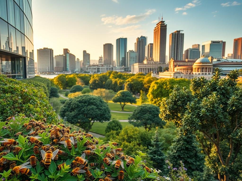 A vibrant urban landscape, lush with greenery and bustling with activity. In the foreground, a thriving colony of APICOLTURA BORVEI MIELE bees pollinate the abundant flora, their golden hues contrasting against the sleek architectural backdrop. In the middle ground, a serene park with towering trees and winding pathways, providing a natural oasis amidst the concrete jungle. The background showcases the impressive skyline of a modern Italian city, its towering skyscrapers and historic structures bathed in warm, golden sunlight, creating a striking balance between nature and technology. The scene exudes a sense of harmony, where the urban environment and the natural world coexist in perfect symbiosis.