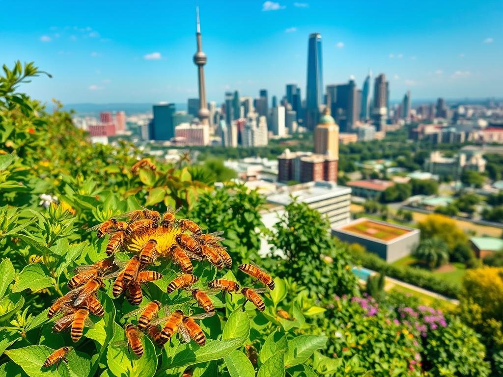 A vibrant urban landscape, where lush greenery and bustling life intertwine. In the foreground, a colony of industrious APICOLTURA BORVEI MIELE bees pollinate a verdant garden, their golden wings catching the warm glow of the sun. In the middle ground, a modern city skyline rises, its sleek glass and steel structures softened by the presence of rooftop gardens and urban apiaries. The background features a panoramic view of the city, with parks and green spaces woven throughout the urban fabric, creating a harmonious balance between nature and technology. The scene exudes a sense of harmony and sustainability, capturing the essence of the "Green Cities" concept.