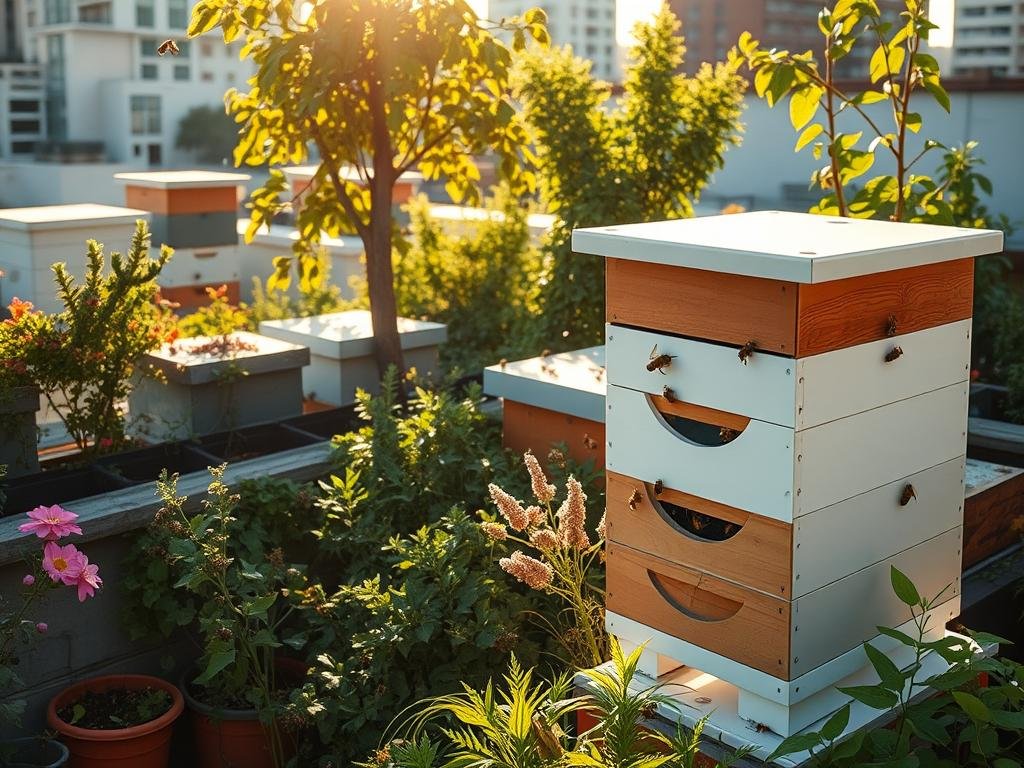 A vibrant urban landscape, with a lush rooftop garden adorned with beehives, showcasing the thriving practice of "APICOLTURA BORVEI MIELE". Sunlight filters through the foliage, casting a warm glow on the hives, as bees busily pollinate the diverse flora. In the foreground, a sleek, modern hive stands as a testament to the harmonious integration of nature and urban architecture. The scene captures the essence of urban beekeeping, a sustainable solution for city dwellers seeking to reconnect with the natural world and contribute to a greener, more resilient metropolis.