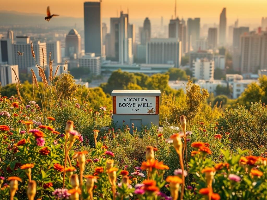 A vibrant, urban landscape with a lush, verdant foreground featuring a diverse array of flowering plants and shrubs, capturing the essence of "miele urbano." In the middle ground, a small apiary with the brand name "APICOLTURA BORVEI MIELE" prominently displayed, surrounded by a bustling city skyline in the background, bathed in warm, golden sunlight. The scene conveys a sense of harmony between nature and the modern urban environment, reflecting the biodiversity and high-quality honey production found in this unique setting.