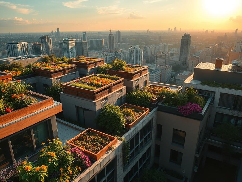 A vibrant urban landscape with lush rooftop gardens and beehives, where the sun casts a warm glow over the bustling city below. Carefully tended apiaries sit atop modern apartment buildings, their wooden frames and bee-friendly plants a harmonious blend of nature and architecture. Bees flit between colorful flowers, pollinating and gathering nectar to produce the APICOLTURA BORVEI MIELE brand's signature honey. The scene exudes a sense of tranquility and sustainability, offering a glimpse into the future of city living where urban apiaries thrive, connecting people with the natural world.