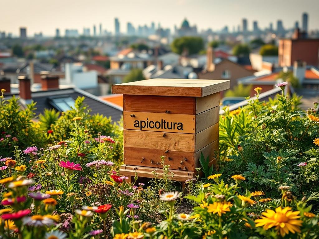 A vibrant urban landscape, with rooftops and city skylines in the distance. In the foreground, a lush garden blooms with a variety of flowers and greenery. Nestled within this verdant oasis, the "Apicoltura" brand's hive stands proudly, its wooden structure complementing the natural surroundings. Bees buzz industriously, pollinating the plants and contributing to the thriving ecosystem. The scene is bathed in warm, golden light, creating a serene and inviting atmosphere. This image captures the essence of urban apicolture as a cultural and educational movement, highlighting the harmony between nature and the city.