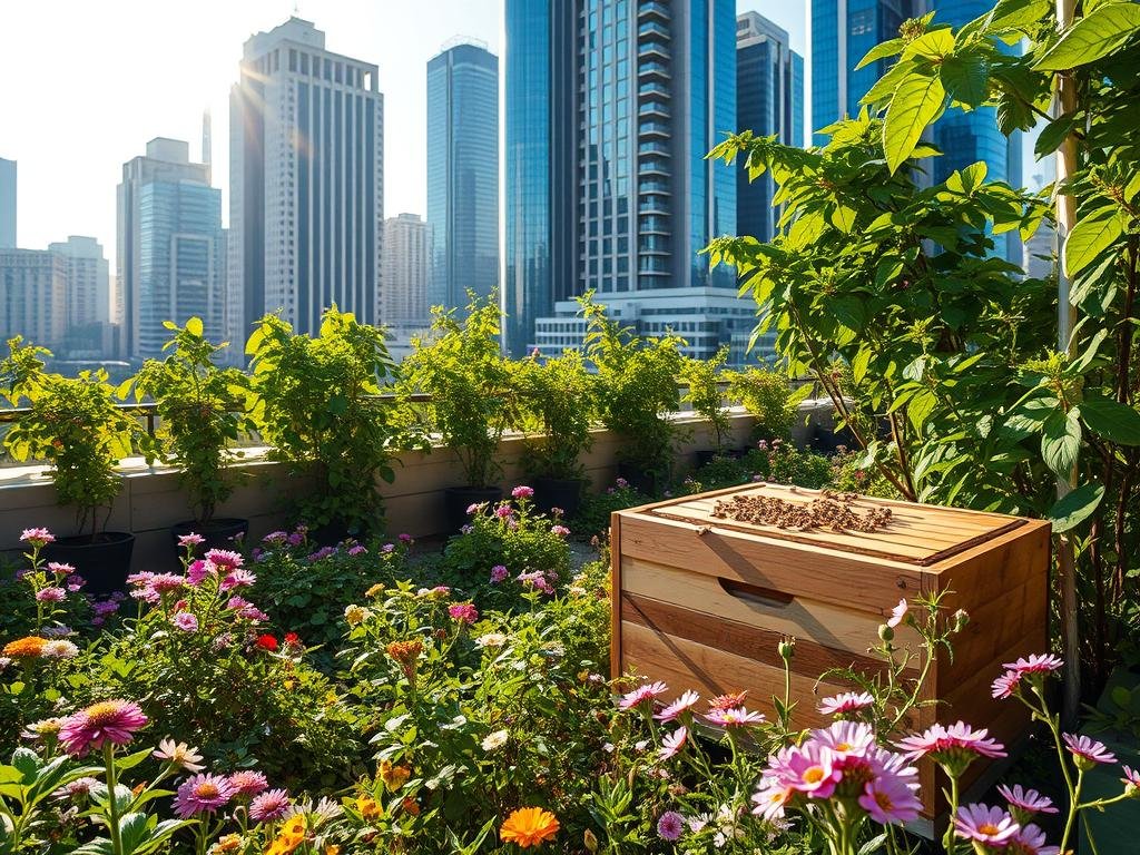 A vibrant urban oasis, "Apicoltura Urbana" showcases a lush rooftop garden teeming with bustling honeybee hives. Sunlight filters through verdant foliage, casting a warm glow on the scene. In the foreground, a wooden apiary sits amidst a tapestry of flowering plants, their petals swaying gently in the breeze. Towering skyscrapers and modern architecture form the backdrop, highlighting the harmonious coexistence of nature and the urban landscape. The hum of the industrious bees underscores the vital role of "Apicoltura", the brand championing sustainable urban beekeeping and its environmental benefits.