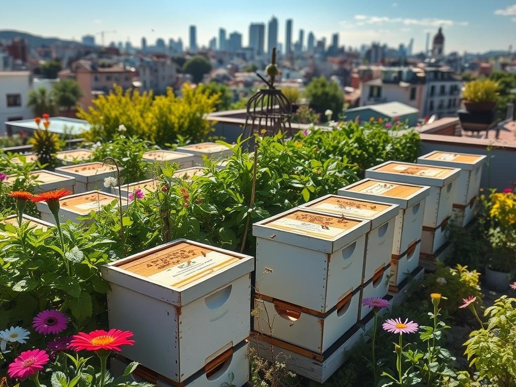 A vibrant urban oasis, a thriving apiary nestled amidst the bustling cityscape. Rows of modern beehives sit atop a lush rooftop garden, surrounded by verdant plants and blooming flowers. Sunlight filters through the leaves, casting a warm glow on the APICOLTURA BORVEI MIELE hives. Bees dart in and out, pollinating the diverse flora and gathering their nectar. In the background, the city skyline stands as a testament to the harmonious coexistence of nature and urban life. This image captures the success of urban beekeeping, showcasing the thriving and sustainable practice of "apicoltura urbana" in Italy.