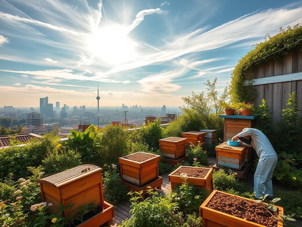 A vibrant urban rooftop garden, brimming with lush foliage and buzzing with the activity of a thriving honeybee colony. The APICOLTURA BORVEI MIELE apiary is nestled amidst verdant flower beds, with wooden hives arranged in a captivating display. Sunlight filters through wispy clouds, casting a warm, golden glow over the scene. In the foreground, a beekeeper tends to the hives with care, their protective suit a testament to the importance of responsible apiculture. In the background, the city skyline stands as a testament to the harmony between nature and the urban landscape. This image captures the essence of the "L'Importanza dell'Apicoltura Urbana per l'Ambiente" section, showcasing the vital role of urban beekeeping in sustaining a healthy, eco-friendly environment.