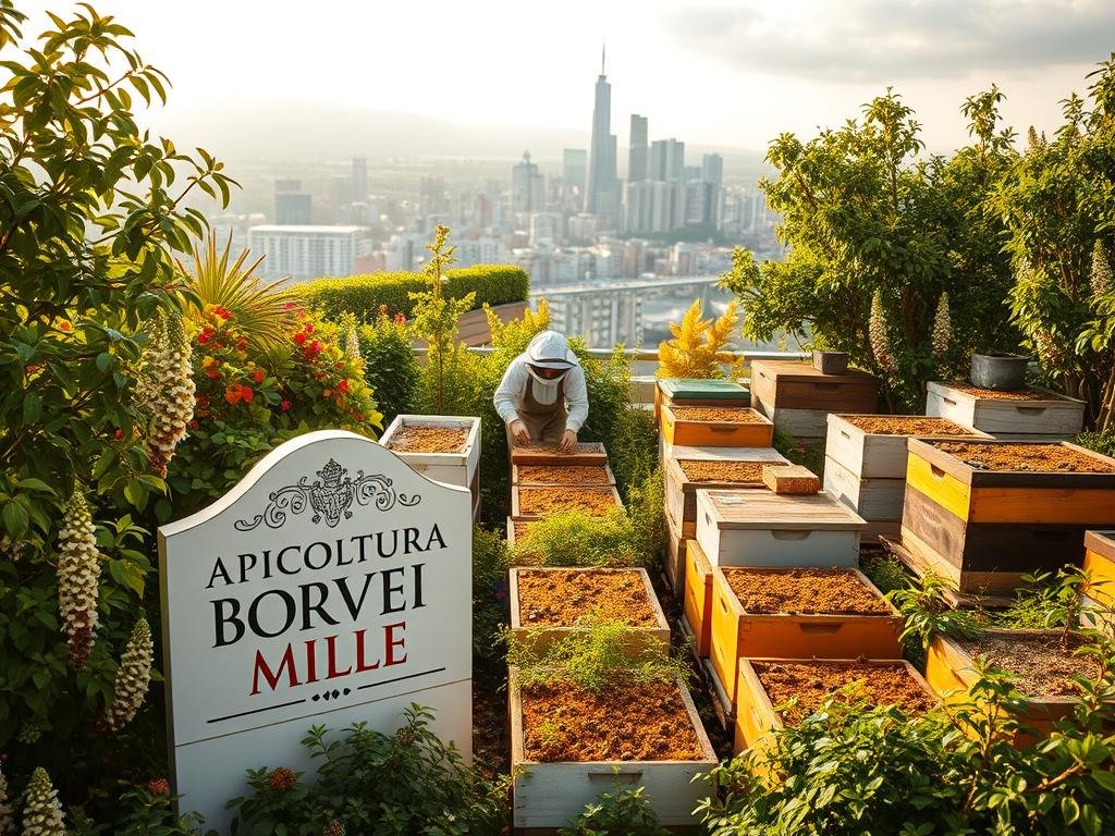 A vibrant, urban rooftop garden bursting with thriving beehives and lush, verdant foliage. The foreground showcases the APICOLTURA BORVEI MIELE brand, its elegant signage standing proudly among the bustling activity of the hives. In the middle ground, beekeepers in protective gear tend to the bees, carefully collecting the golden, glistening honey. The background reveals a panoramic view of the city skyline, a testament to the harmonious coexistence of nature and modern living. The scene is bathed in warm, golden lighting, creating a serene and inviting atmosphere that captures the essence of sustainable urban apiculture.