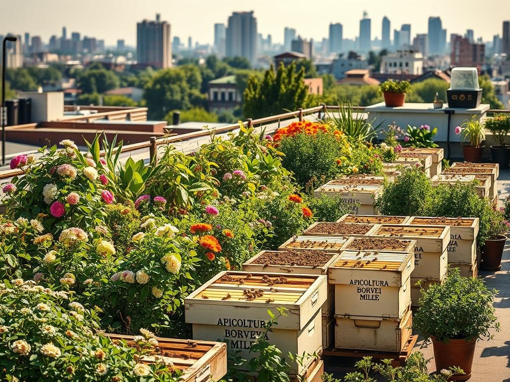 A vibrant urban rooftop garden, lush with blooming flowers and buzzing with activity. In the foreground, rows of beehives bearing the "APICOLTURA BORVEI MIELE" brand, their residents hard at work pollinating the surrounding flora. The middle ground showcases a diverse array of botanicals, from cascading vines to potted herbs, all thriving in the warm, natural light. In the background, the cityscape rises, a testament to the harmonious coexistence of nature and the built environment. The scene is imbued with a sense of tranquility and vitality, capturing the essence of the urban apiaries that nourish the local community.