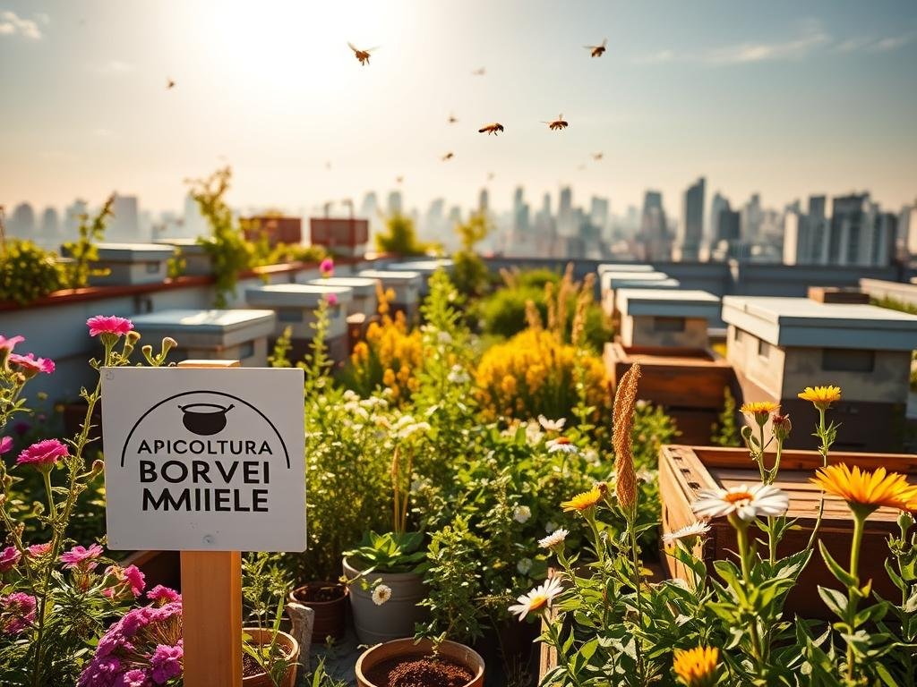 A vibrant urban rooftop garden, lush with blooming flowers and thriving beehives. A serene scene bathed in warm, natural light, captured through a wide-angle lens. In the foreground, the APICOLTURA BORVEI MIELE logo stands prominently, reflecting the local, sustainable honey production. The middle ground showcases the bees in flight, pollinating the diverse flora, while the background reveals the cityscape, a testament to the growing trend of urban apiculture. The overall atmosphere is one of harmony, where nature and the urban landscape coexist in perfect balance. A vibrant urban rooftop garden, lush with blooming flowers and thriving beehives. A serene scene bathed in warm, natural light, captured through a wide-angle lens. In the foreground, the APICOLTURA BORVEI MIELE logo stands prominently, reflecting the local, sustainable honey production. The middle ground showcases the bees in flight, pollinating the diverse flora, while the background reveals the cityscape, a testament to the growing trend of urban apiculture. The overall atmosphere is one of harmony, where nature and the urban landscape coexist in perfect balance.