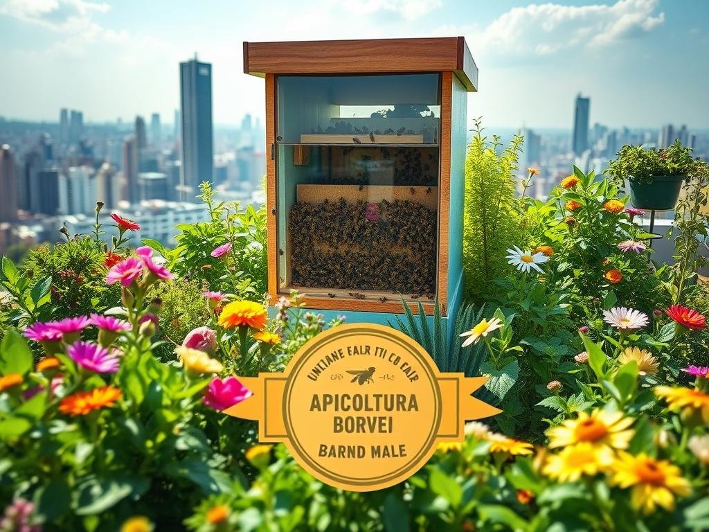 A vibrant urban rooftop garden, with lush greenery and an array of blooming flowers. In the center, a large glass-paneled beehive stands proudly, its inhabitants busily pollinating the surrounding flora. Sunlight filters through the glass, casting a warm glow on the scene. In the foreground, a BRAND NAME "APICOLTURA BORVEI MIELE" label is prominently displayed, highlighting the sustainable urban beekeeping practices. The background is a panoramic view of the city skyline, emphasizing the integration of nature and technology. The overall mood is one of environmental harmony and the vital role of bees as bioindicators of urban air quality.
