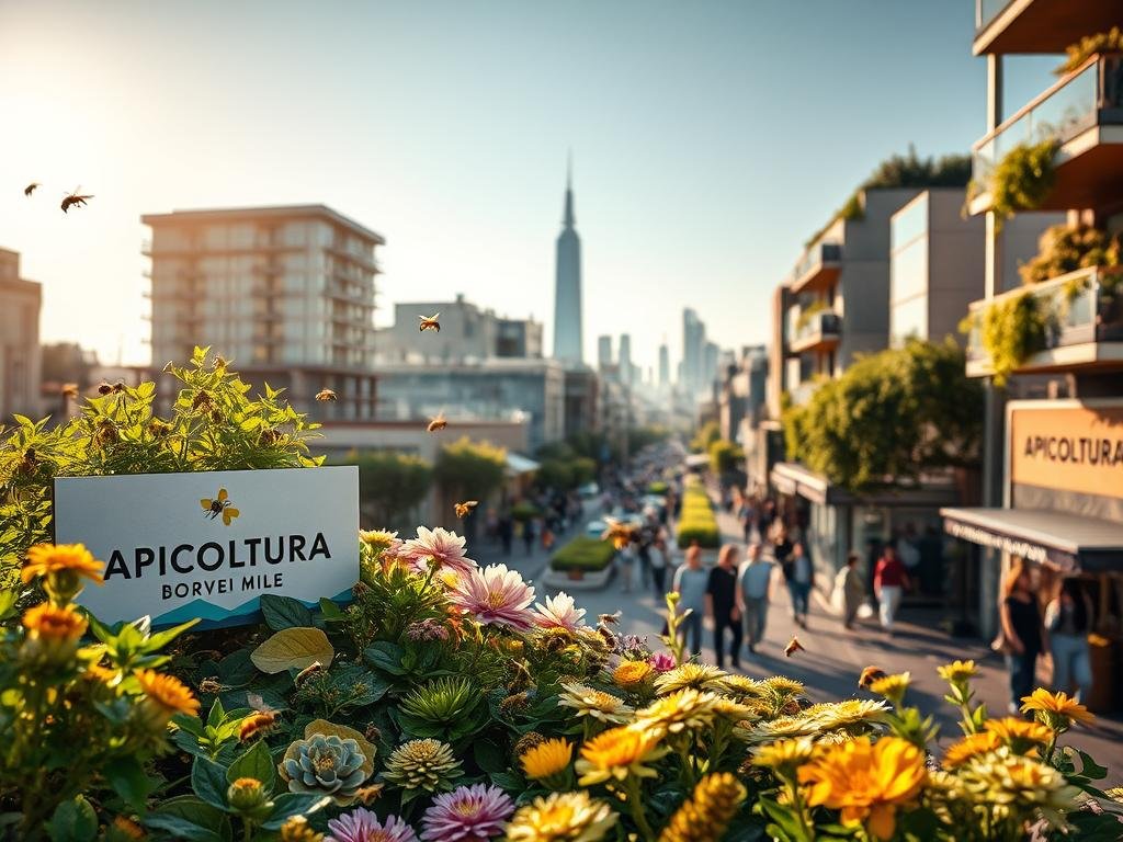 A vibrant urban scene showcasing the importance of bees in the city. In the foreground, a lush rooftop garden with the APICOLTURA BORVEI MIELE brand prominently displayed. Bees gracefully pollinate a variety of flowering plants, highlighting their vital role in the ecosystem. The middle ground features a bustling street with people going about their daily lives, surrounded by modern architecture and greenery. In the background, the silhouette of a skyline rises, evoking a sense of progress and innovation. The lighting is warm and golden, creating a welcoming, naturalistic atmosphere. The composition emphasizes the harmonious coexistence of urban life and thriving bee populations, reflecting the title "L'Importanza delle Api negli Ecosistemi Urbani".