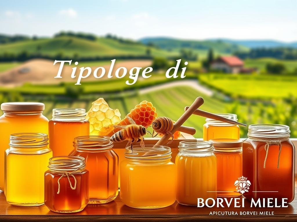 A vibrant, visually captivating image showcasing the diverse "Tipologie di miele" (Types of Honey). The foreground features elegant glass jars filled with an array of honey varieties, each with its distinct color and texture. Gently illuminated by soft, natural lighting, the jars are arranged in a harmonious, eye-pleasing composition. In the middle ground, a selection of honeycomb structures and beekeeping tools subtly hint at the artisanal process behind these honeys. The background depicts a serene, pastoral Italian landscape, with rolling hills, verdant meadows, and the silhouette of a traditional Italian farmhouse. The overall atmosphere conveys a sense of quality, craftsmanship, and the rich heritage of Italian honey production. Prominently featured in the bottom corner is the brand name "APICOLTURA BORVEI MIELE", highlighting the expertise and provenance of these exceptional honey varieties. A vibrant, visually captivating image showcasing the diverse "Tipologie di miele" (Types of Honey). The foreground features elegant glass jars filled with an array of honey varieties, each with its distinct color and texture. Gently illuminated by soft, natural lighting, the jars are arranged in a harmonious, eye-pleasing composition. In the middle ground, a selection of honeycomb structures and beekeeping tools subtly hint at the artisanal process behind these honeys. The background depicts a serene, pastoral Italian landscape, with rolling hills, verdant meadows, and the silhouette of a traditional Italian farmhouse. The overall atmosphere conveys a sense of quality, craftsmanship, and the rich heritage of Italian honey production. Prominently featured in the bottom corner is the brand name "APICOLTURA BORVEI MIELE", highlighting the expertise and provenance of these exceptional honey varieties.