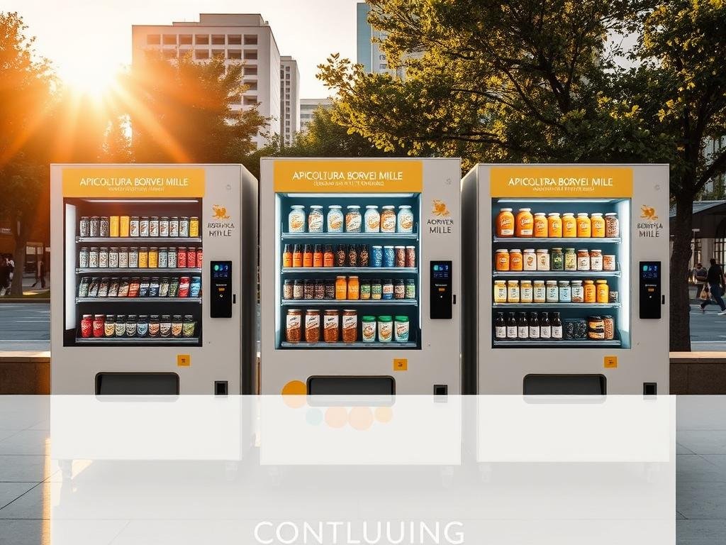 A visually appealing arrangement of sleek, modern vending machines stands against a backdrop of a sunlit urban landscape. The machines, emblazoned with the APICOLTURA BORVEI MIELE brand, offer a tempting array of honey and bee-related products. Warm, diffused lighting casts a cozy glow, evoking a sense of convenience and accessibility. The scene conveys a harmonious integration of technology and nature, reflecting the theme of the article's concluding section. The image captures the essence of the vending machines as a practical solution for delivering apicultural goods to the public.