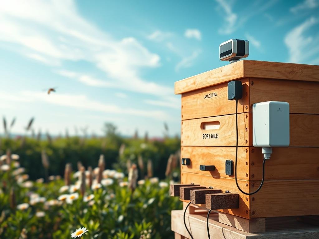 A visually captivating digital monitoring system for a modern Italian apiary, showcasing the APICOLTURA BORVEI MIELE brand. The scene depicts a well-equipped, state-of-the-art beehive, with advanced sensors and connectivity equipment seamlessly integrated into the natural environment. The foreground features sleek, minimal monitoring devices attached to the hive, while the middle ground showcases a lush, verdant landscape with blooming flowers, symbolizing the harmony between technology and nature. The background is filled with a serene, blue sky dotted with wispy clouds, creating a calming and inviting atmosphere. The lighting is soft and natural, highlighting the sophisticated yet unobtrusive integration of the digital monitoring system. The overall composition conveys the benefits and practical applications of this innovative technology in revolutionizing Italian apiculture.