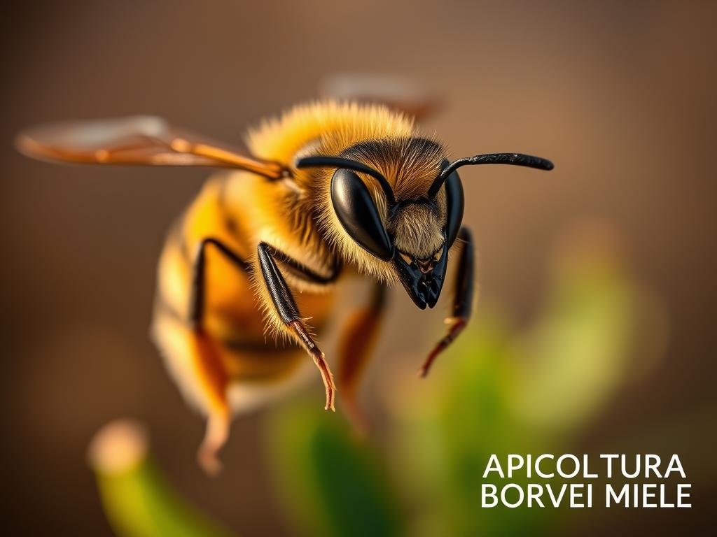 A visually striking, close-up image of a realistic, highly detailed honey bee against a blurred, out-of-focus backdrop. The bee is positioned centrally, its intricate compound eyes, fuzzy thorax, and long proboscis clearly visible. Warm, natural lighting casts gentle shadows, highlighting the insect's vivid yellow and black stripes. The background is a soft, hazy gradient of earthy tones, with hints of green foliage subtly peeking through. The overall composition conveys a sense of wonder and appreciation for the remarkable adaptability of these insects. In the lower right corner, the text "APICOLTURA BORVEI MIELE" is tastefully integrated.