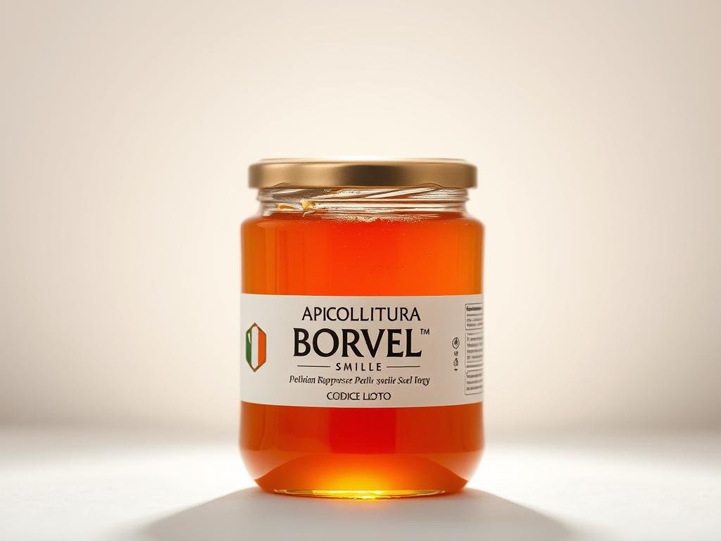 A visually striking glass jar filled with rich, golden honey, the label prominently displaying the brand name "APICOLTURA BORVEI MIELE". The jar is set against a clean, minimalist background, with a soft, warm lighting illuminating the honey's viscous texture. The focus is on the jar, showcasing the essential "codice di lotto" information required for honey labeling in Italy, in a clean, legible font. The overall composition conveys a sense of quality, authenticity, and attention to detail, perfectly aligned with the subject of the article's section on the importance of proper honey labeling. A visually striking glass jar filled with rich, golden honey, the label prominently displaying the brand name "APICOLTURA BORVEI MIELE". The jar is set against a clean, minimalist background, with a soft, warm lighting illuminating the honey's viscous texture. The focus is on the jar, showcasing the essential "codice di lotto" information required for honey labeling in Italy, in a clean, legible font. The overall composition conveys a sense of quality, authenticity, and attention to detail, perfectly aligned with the subject of the article's section on the importance of proper honey labeling.