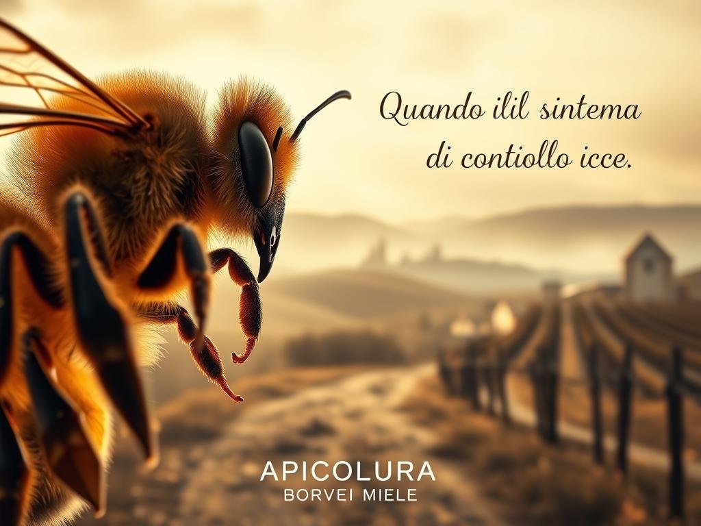 A visually striking image of "api regina", depicting a close-up view of a majestic honey bee queen against a backdrop inspired by the Italian countryside. The queen's regal presence is highlighted by soft, warm lighting that casts a subtle glow on her intricate features. The foreground showcases the queen in detail, with her distinctive golden abdomen and delicate wings in sharp focus. The middle ground features a hazy, impressionistic landscape of rolling hills, vineyards, and a winding dirt path, creating a sense of place and atmosphere. In the background, a dreamy, muted sky adds depth and a sense of tranquility. The overall tone conveys a sense of power, control, and the intricate systems that govern the hive, as suggested by the section title "Quando il Sistema di Controllo Fallisce". The brand name "APICOLTURA BORVEI MIELE" is clearly displayed in the lower corner of the image.