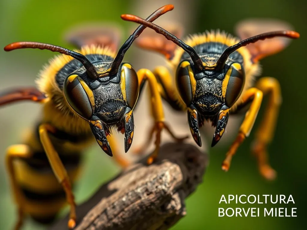 A vivid close-up of two large, menacing-looking European hornets (Vespa crabro), commonly known as "vespe calabroni" in Italian. The hornets are positioned prominently in the foreground, their powerful jaws and intimidating eyes capturing the viewer's attention. The background is blurred, hinting at a natural setting, perhaps a tree branch or a wooden structure, to emphasize the hornets' physical features. The lighting is crisp and natural, casting shadows that accentuate the insects' distinct markings and textures. The overall mood is one of awe and respect for these formidable creatures. In the bottom right corner, the text "APICOLTURA BORVEI MIELE" is discreetly displayed.