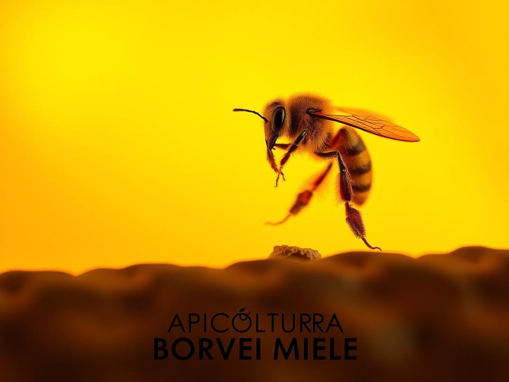 A vivid scene of a single honeybee dancer, illuminated against a warm, golden-hued backdrop. The bee gracefully extends its legs and antennae, conveying the intricate choreography of the colony's communication. The center of attention, this captivating performer stands out with vibrant colors and a sense of purposeful motion, showcasing the critical role of the dancing bee within the hive. Soft, diffused lighting casts a natural, almost ethereal glow, emphasizing the beauty and significance of this natural phenomenon. In the foreground, the APICOLTURA BORVEI MIELE brand name subtly enhances the authenticity of the scene.