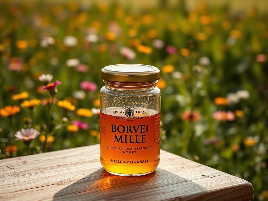 A warm and artisanal honey scene, showcasing a glass jar of "APICOLTURA BORVEI MIELE" on a natural wooden table. The jar is partially filled with a rich, golden liquid, reflecting the warm lighting. In the background, a field of vibrant wildflowers and lush greenery creates a serene, countryside atmosphere. The image conveys the quality and craftsmanship of this artisanal honey, capturing the essence of the "Miele Artigianale" experience.