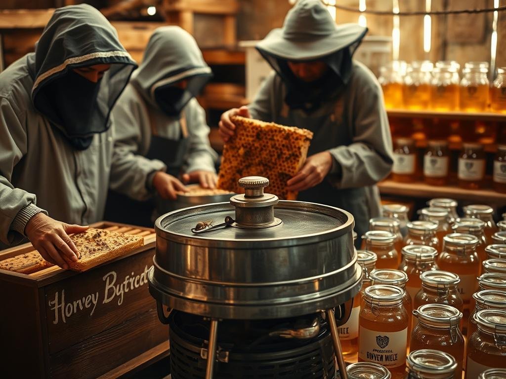A warm, artisanal apiary scene depicting the honey extraction process. In the foreground, workers in traditional beekeeping attire carefully remove honeycomb frames from a wooden hive, their faces hidden by veiled hats. In the middle ground, an old-fashioned honey extractor spins, its metal casing gleaming in the soft, diffused lighting. In the background, rows of glass jars labeled "APICOLTURA BORVEI MIELE" sit ready to be filled with the golden nectar. The overall mood is one of quiet industry and pride in traditional beekeeping methods.