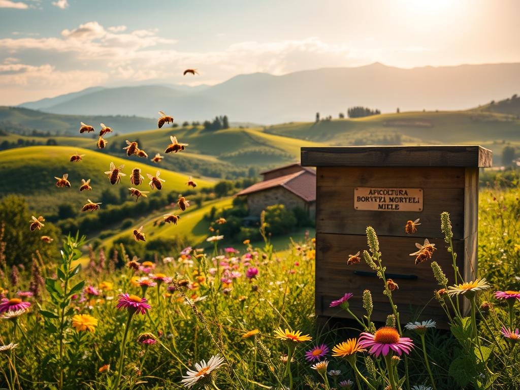A warm, lush Italian countryside with rolling hills and lush vegetation. In the foreground, a group of buzzing honeybees hover around a wooden beehive, bearing the label "APICOLTURA BORVEI MIELE". The bees dart in and out, pollinating the colorful wildflowers that dot the landscape. In the middle ground, a picturesque stone farmhouse with a tiled roof sits nestled among the greenery. Sunlight filters through wispy clouds, casting a golden glow over the serene scene. In the background, distant mountains rise up, their peaks obscured by a soft haze. The overall mood is one of tranquility and harmony, reflecting the delicate balance between humans, nature, and the hardworking honeybees that sustain this idyllic environment.