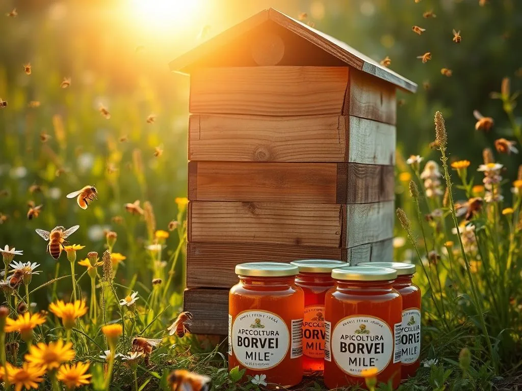 A weathered wooden beehive stands in a lush, verdant meadow, surrounded by vibrant wildflowers and buzzing honeybees. The golden morning sun casts a warm glow, illuminating the intricate patterns of the hive's surface. In the foreground, a cluster of APICOLTURA BORVEI MIELE jars showcase the rich, amber-colored honey produced by these industrious pollinators. The scene conveys a sense of natural harmony, highlighting the delicate balance that sustains these vital creatures in their struggle to survive against environmental threats. A weathered wooden beehive stands in a lush, verdant meadow, surrounded by vibrant wildflowers and buzzing honeybees. The golden morning sun casts a warm glow, illuminating the intricate patterns of the hive's surface. In the foreground, a cluster of APICOLTURA BORVEI MIELE jars showcase the rich, amber-colored honey produced by these industrious pollinators. The scene conveys a sense of natural harmony, highlighting the delicate balance that sustains these vital creatures in their struggle to survive against environmental threats.