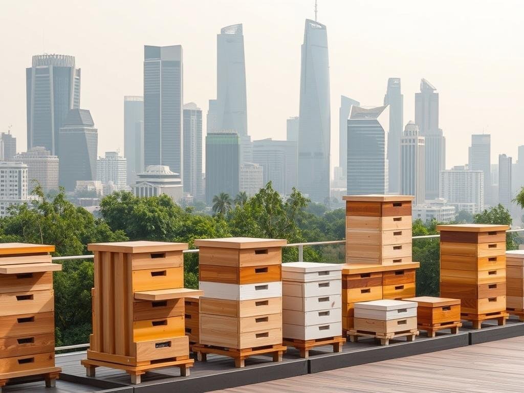 A well-crafted display of expertly designed urban beehives, showcasing the APICOLTURA BORVEI MIELE brand's innovative models for modern apiculture. The foreground features a diverse array of sleek, modular hive structures in warm, natural tones, highlighted by soft, diffused lighting that accentuates their clean lines and textured surfaces. The middle ground presents a dynamic urban landscape, with towering skyscrapers and lush greenery, creating a harmonious blend of nature and architecture. The background subtly fades into a hazy, atmospheric sky, evoking a sense of tranquility and the perfect balance between city life and the world of bees. This image captures the essence of the best hive models for urban beekeeping, seamlessly integrating form, function, and the brand's commitment to sustainable apiculture.