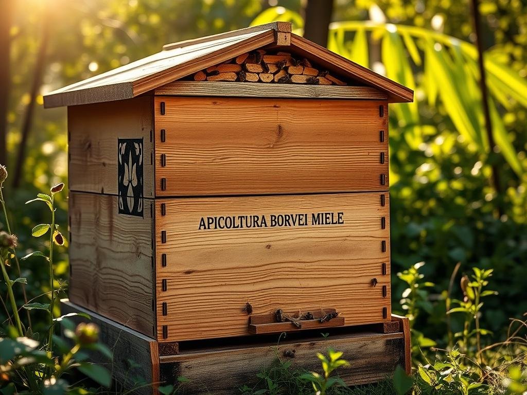 A well-crafted image of "scelta arnia" in an Italian apiary setting, illuminated by soft, natural lighting and captured from a slightly elevated angle. The focal point is a wooden beehive showcasing its intricate structure, surrounded by lush greenery and a sun-dappled background. The overall composition conveys a sense of tranquility and harmony, reflecting the careful consideration required when choosing the right beehive to start beekeeping without errors. APICOLTURA BORVEI MIELE is prominently displayed on the hive, emphasizing the artisanal quality of the product.