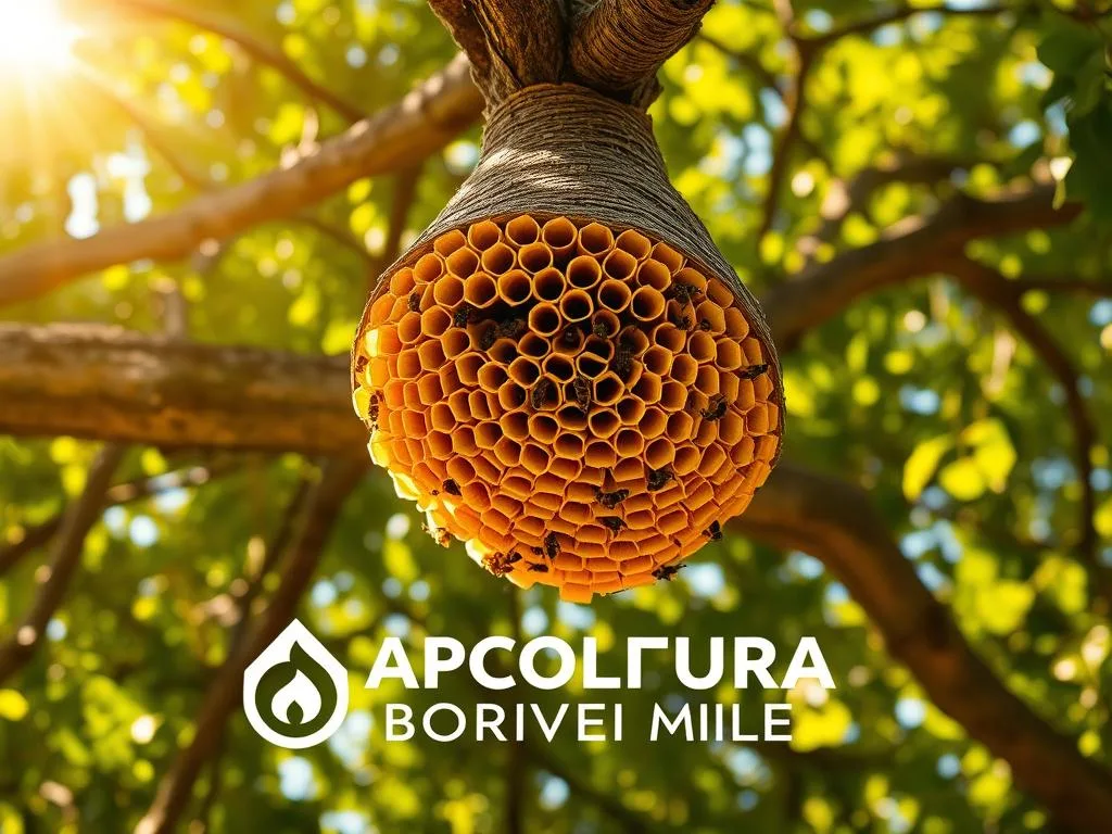 A well-crafted nest of the European hornet, suspended from the branch of a mature oak tree. The intricate paper-like structure, with its hexagonal cells, is illuminated by warm afternoon sunlight filtering through the lush foliage. The scene exudes a sense of industrious activity, as if the hive is humming with the vibrant energy of its hardworking inhabitants. In the foreground, the APICOLTURA BORVEI MIELE logo is prominently displayed, adding a touch of authenticity to the image.