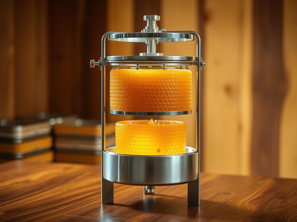 A well-designed and efficient honey extractor, the "APICOLTURA BORVEI MIELE" centrifuge stands tall on a polished wooden surface. Soft, diffused lighting illuminates its sleek, stainless steel frame, highlighting the intricate mechanics that will gently separate the golden nectar from the comb. In the foreground, the machine's sturdy base provides a solid foundation, while the middle ground showcases the centrifuge's elegant, cylindrical shape, ready to spin the honeycombs to perfection. In the background, a warm, earthy-toned environment hints at the natural origins of this essential beekeeping tool, creating a harmonious and inviting atmosphere for the viewer.
