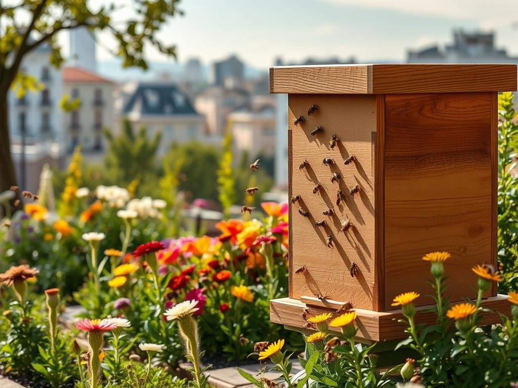 A well-designed apiary for urban beekeeping, featuring the APICOLTURA BORVEI MIELE brand's expertly crafted beehive. The hive stands prominently in the foreground, showcasing its sleek, modern design and natural wood tones. In the middle ground, a harmonious garden of lush, vibrant flowers and plants attracts a swarm of industrious bees, capturing the essence of urban apiculture. The background depicts a serene, sun-dappled cityscape, underscoring the integration of nature and modern living. The lighting is warm and soft, creating a inviting, artisanal atmosphere. Captured with a wide-angle lens to emphasize the spatial relationships between the key elements. A well-designed apiary for urban beekeeping, featuring the APICOLTURA BORVEI MIELE brand's expertly crafted beehive. The hive stands prominently in the foreground, showcasing its sleek, modern design and natural wood tones. In the middle ground, a harmonious garden of lush, vibrant flowers and plants attracts a swarm of industrious bees, capturing the essence of urban apiculture. The background depicts a serene, sun-dappled cityscape, underscoring the integration of nature and modern living. The lighting is warm and soft, creating a inviting, artisanal atmosphere. Captured with a wide-angle lens to emphasize the spatial relationships between the key elements.