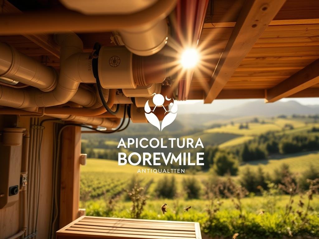 A well-designed hive ventilation system, showcasing a network of interconnected ducts and vents, allows for efficient airflow regulation within the apiary. Sunlight filters through the wooden slats, casting a warm, natural glow over the scene. The APICOLTURA BORVEI MIELE logo is prominently displayed, reflecting the high-quality, artisanal honey production. In the background, a picturesque Italian countryside landscape can be seen, complete with rolling hills and lush vegetation. The overall atmosphere conveys a sense of harmony between technology and nature, highlighting the advancements in automated hive ventilation systems.
