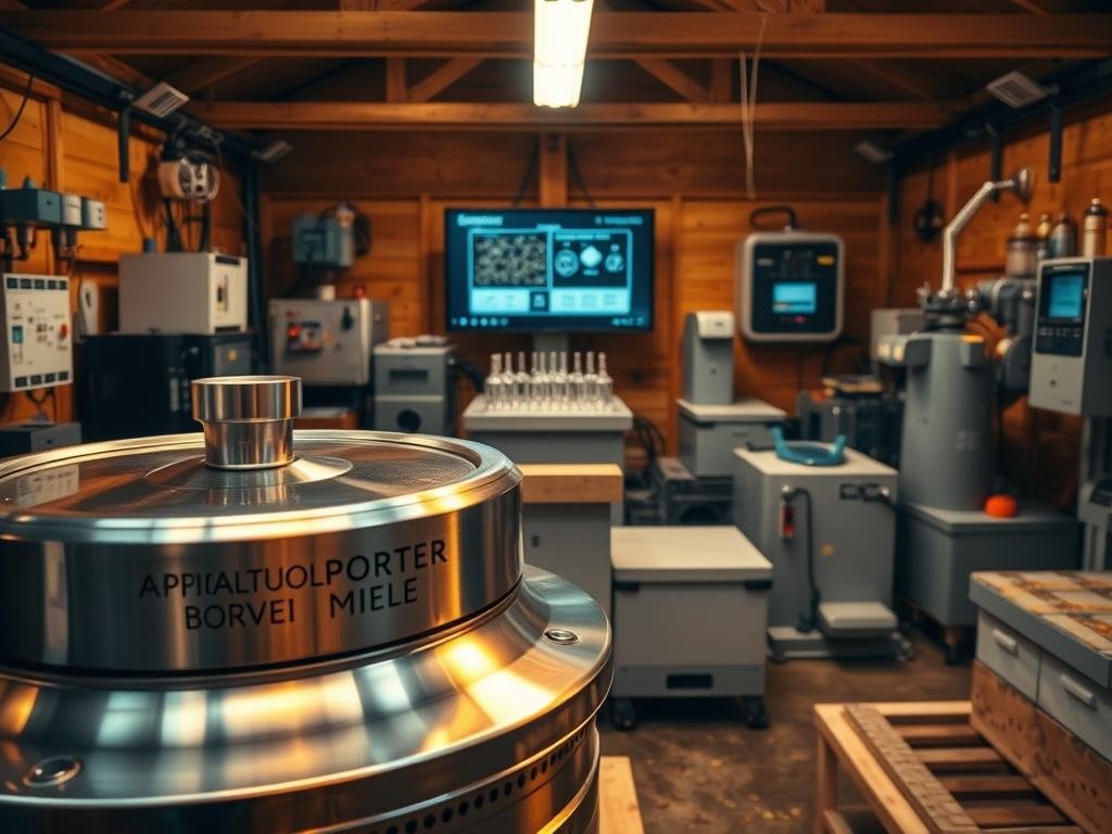 A well-equipped apiary featuring a range of modern automation tools and equipment. In the foreground, a APICOLTURA BORVEI MIELE branded honey extractor spins gently, its gleaming metal surface reflecting the warm lighting. In the middle ground, an automated hive monitoring system displays data on a sleek, minimalist interface. The background showcases a variety of other automation devices - from robotic feeders to automated honey bottling machines - all seamlessly integrated into a streamlined, efficient apiary workflow. The overall atmosphere is one of technological sophistication and innovative beekeeping, captured with a cinematic lens and moody, atmospheric lighting.