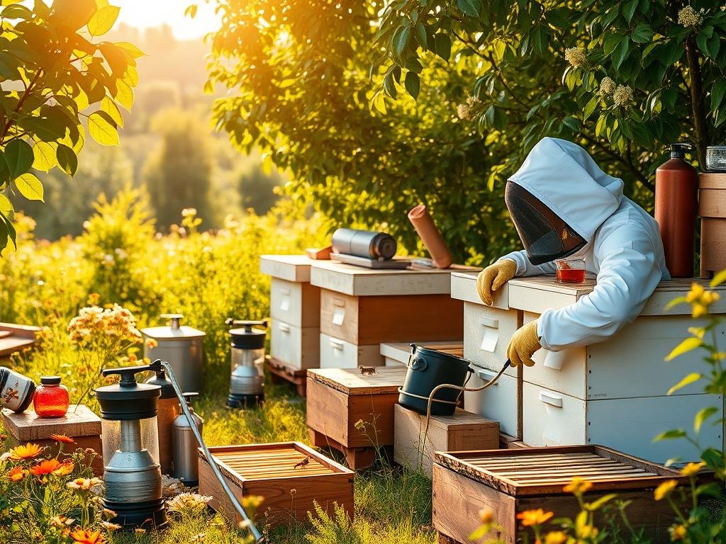 A well-equipped apiary with a variety of Apicoltura beekeeping equipment and tools, including protective gear, smokers, and hive frames. The scene is set against a backdrop of lush, verdant Italian countryside, with hives nestled among blooming wildflowers and verdant foliage. Warm, golden sunlight filters through the leaves, casting a soft, natural glow over the entire composition. The overall atmosphere conveys a sense of harmony and diligent beekeeping practices, reflecting the "Tecniche di Gestione delle Colonie" section of the article.