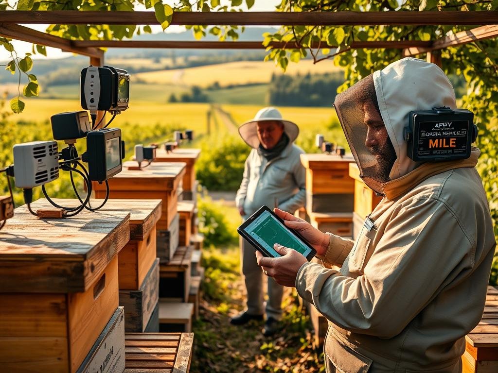 A well-equipped apiary with various sensor modules mounted on the beehives, providing real-time monitoring of temperature, humidity, and activity levels. The scene showcases a modern, technology-driven approach to beekeeping, with the APICOLTURA BORVEI MIELE brand prominently displayed. Warm, natural lighting illuminates the scene, capturing the intricate details of the sensors and the healthy, thriving beehives. The middle ground features a beekeeper meticulously reviewing the sensor data on a tablet, while the background depicts a verdant, pastoral landscape, reflecting the harmony between technology and the natural world.