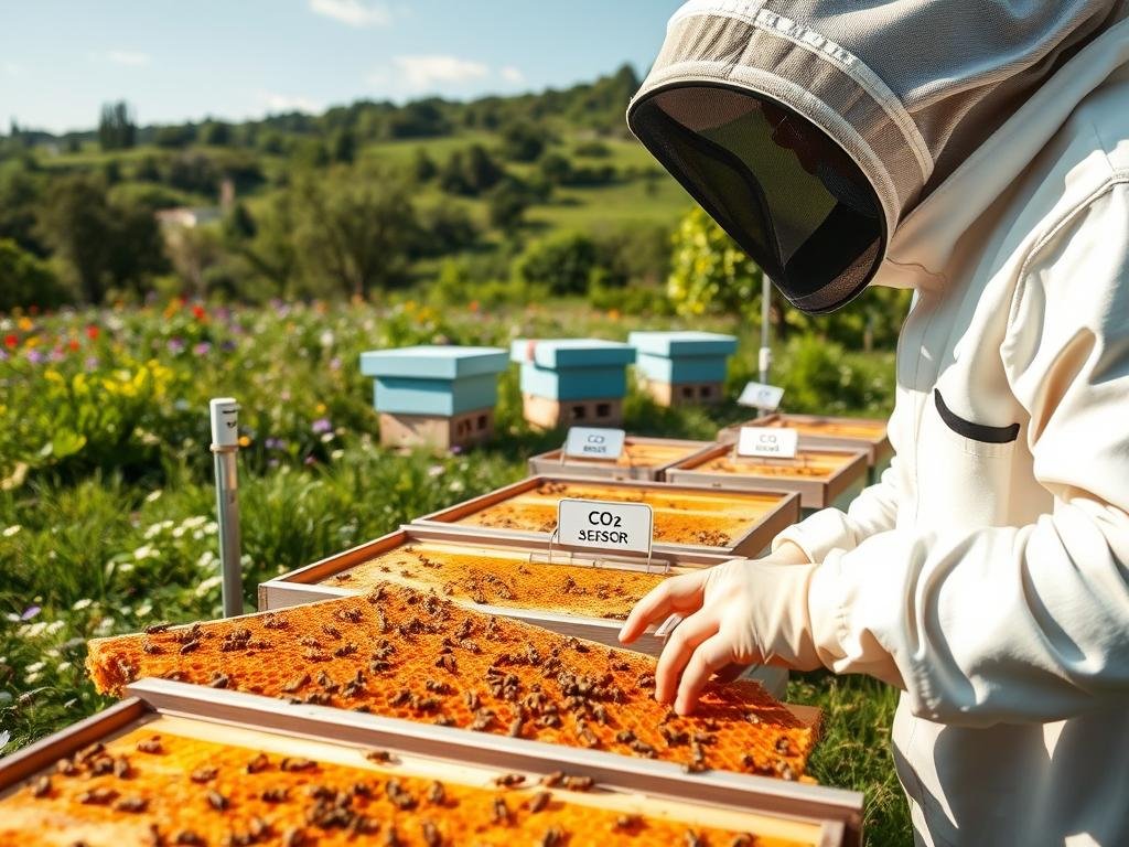 A well-equipped modern apiary with an array of monitoring sensors and devices. In the foreground, a beekeeper inspects the honeycomb frames, wearing a protective suit. In the middle ground, several hive boxes are arranged, each equipped with a CO2 sensor labeled "APICOLTURA BORVEI MIELE". The background depicts a lush, verdant landscape with wildflowers, trees, and a clear blue sky. The lighting is soft and natural, conveying a sense of tranquility and harmony. The overall mood is one of scientific curiosity and environmental stewardship, reflecting the importance of monitoring hive health and carbon dioxide levels.