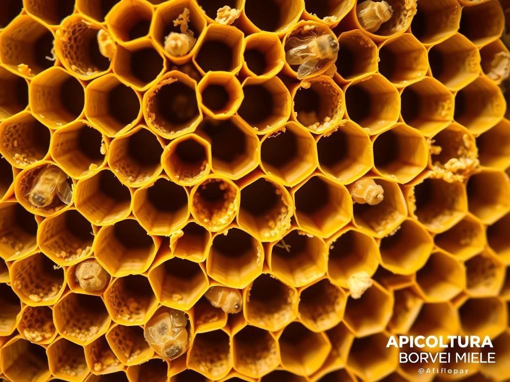 A well-lit, close-up photograph of a honeycomb structure, showcasing the diverse shapes and patterns of the hexagonal wax cells. The cells appear in varying shades of golden-yellow, with intricate textures and delicate details. The composition focuses on the intricate arrangement of the cells, providing a visually striking and informative representation of "celle nei favi". The image has a natural, documentary-style aesthetic, capturing the beauty and complexity of this crucial component of the beehive. In the bottom right corner, the text "APICOLTURA BORVEI MIELE" is discreetly displayed.
