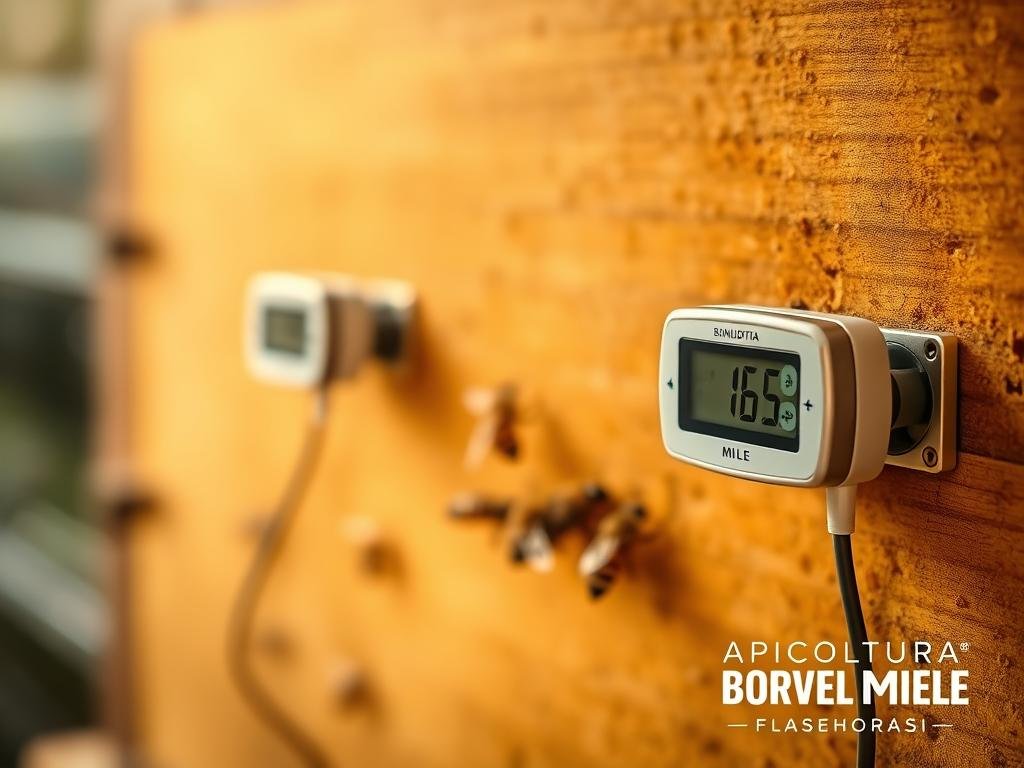 A well-lit, close-up photograph of a pair of temperature and humidity sensors installed in a beehive. The sensors are sleek, modern devices with digital displays, mounted discreetly on the hive's interior. The foreground shows the sensors in detail, while the middle ground reveals the inner workings of the hive, with a few bees visible. The background is softly blurred, suggesting the larger context of the apiary. The overall scene conveys a sense of precision and care in the monitoring of the hive's environmental conditions. Includes the APICOLTURA BORVEI MIELE branding.